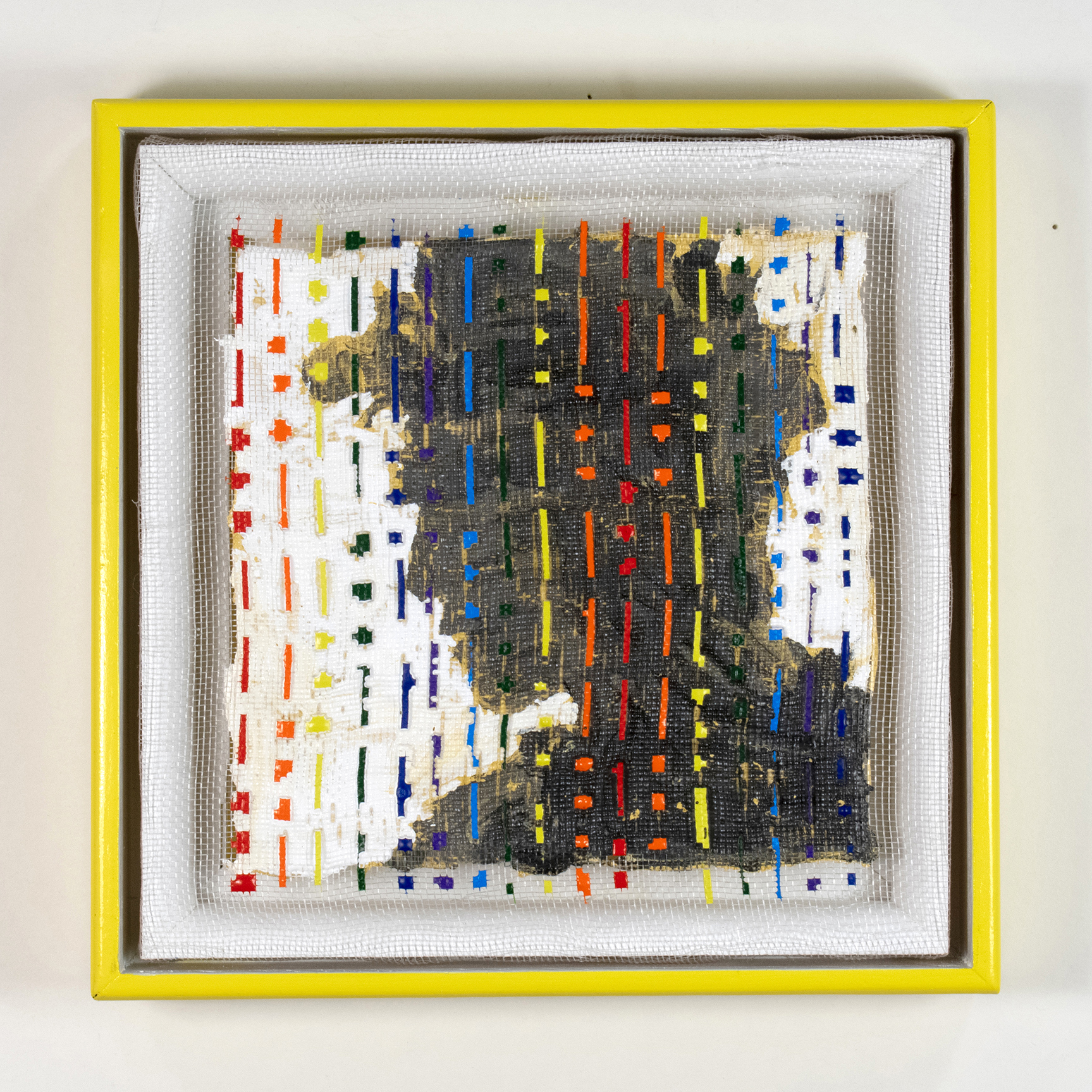 Heirloom (SOS / closet), 2025, acrylic, plastic mesh, wood, 7.25 x 7.25 in